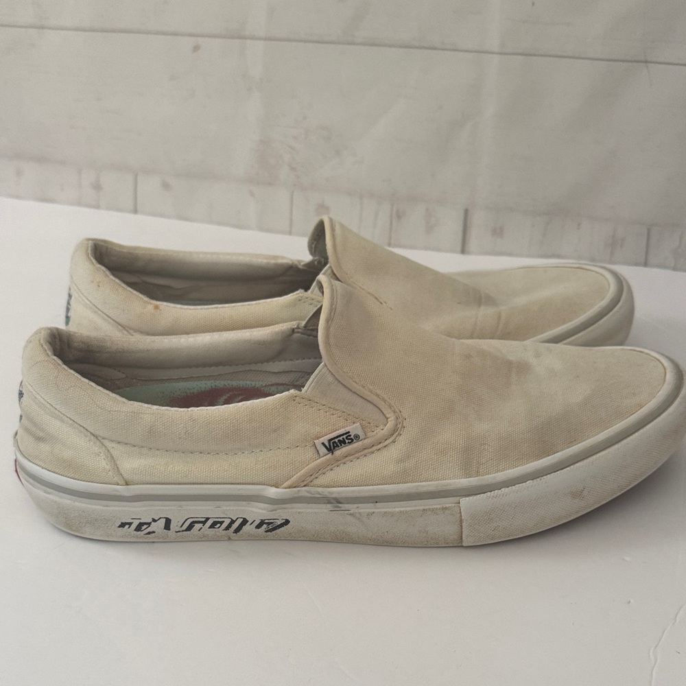 Vans Size 12 Men's Off-White Slip-On Distressed Thrashed Santa Cruz Sneakers